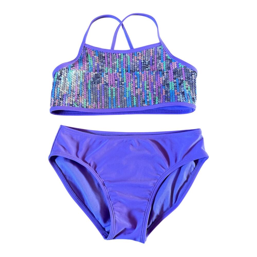 Girls L 10-12 More Than Magic Purple Sequin Iridescent 2 Piece Bikini Swim Set